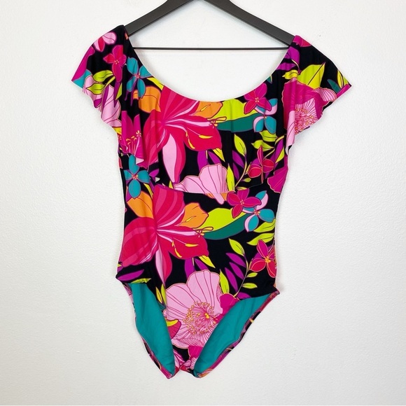 Trina Turk Solar Floral Off The Shoulder Ruffle One Piece Swimsuit - Picture 2 of 4